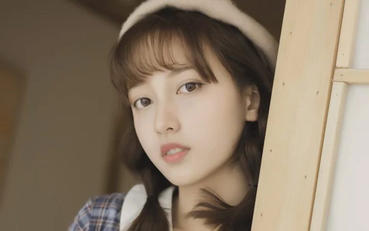 木製の戸口のそばで、茶色のツインテールと白いヘアバンドを身につけた成人女性がカメラを見つめています。
