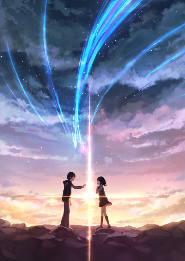 两名动漫人物站在岩石上，仰望布满星光和彩色光轨的 pastel 天空。