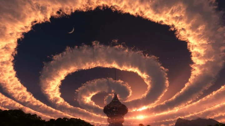 夕阳映照下，层层盘旋的云带环绕着远处山影，形成壮观的天空景象。