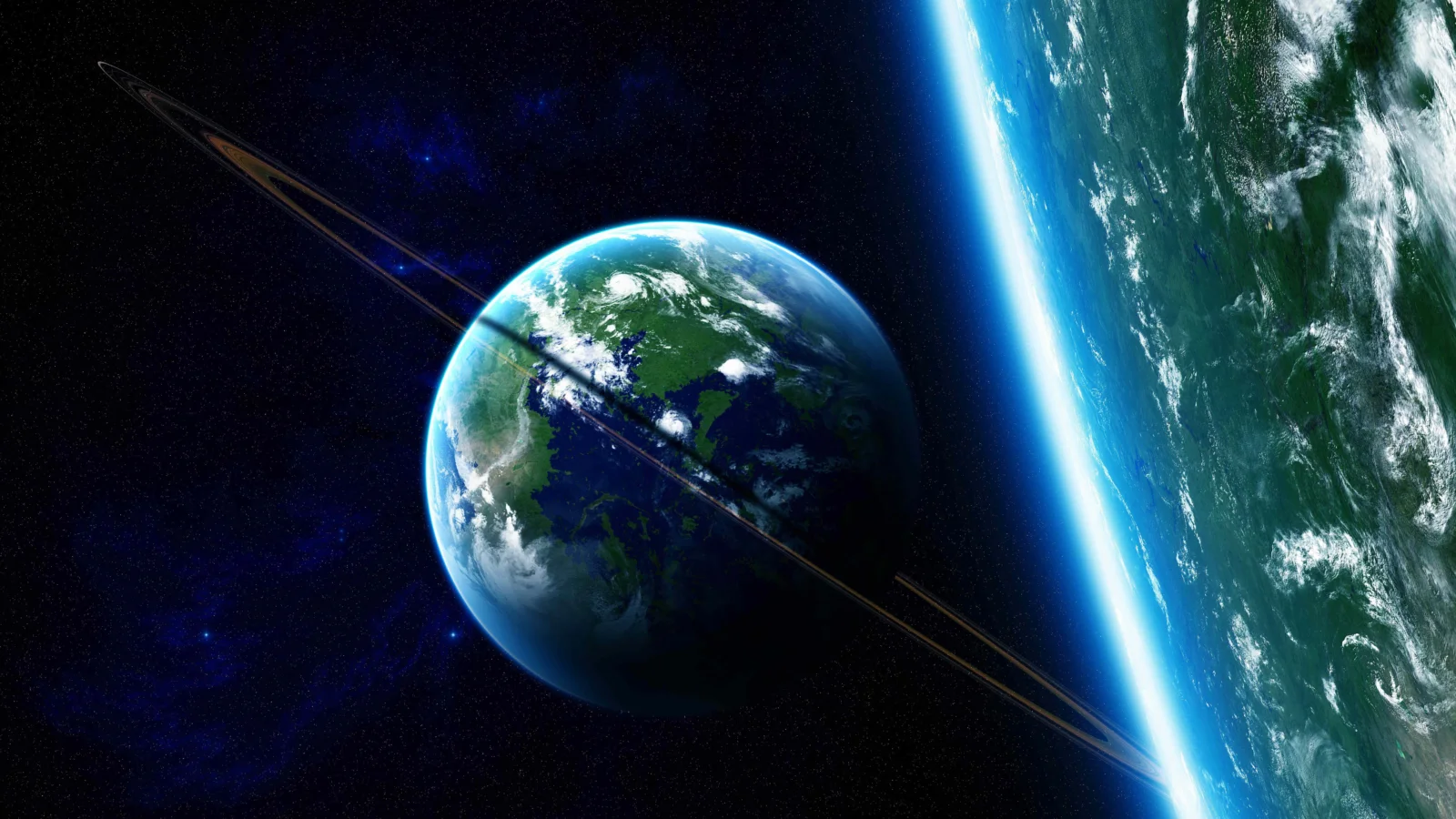 深邃星空中，两颗蓝绿色行星呈现出明亮的边缘光。