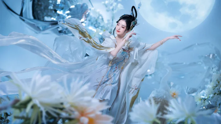 一名身穿 ornate 浅色服装的女子置身花朵之间，背景呈现蓝色月光般的圆形光影。