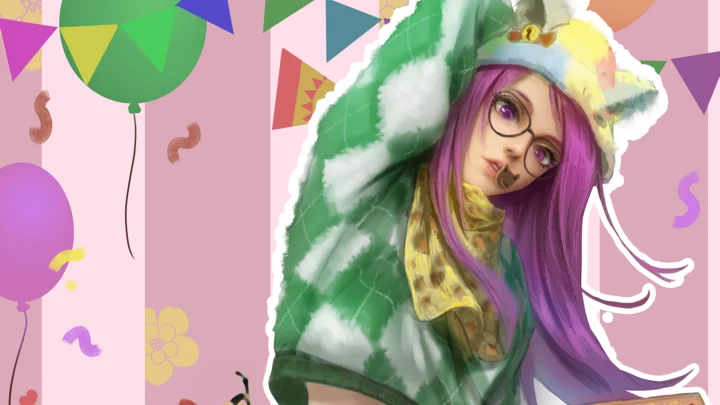 一位戴眼镜的紫发女孩穿着绿色连帽服，置身于彩色气球与几何图案组成的插画背景中。