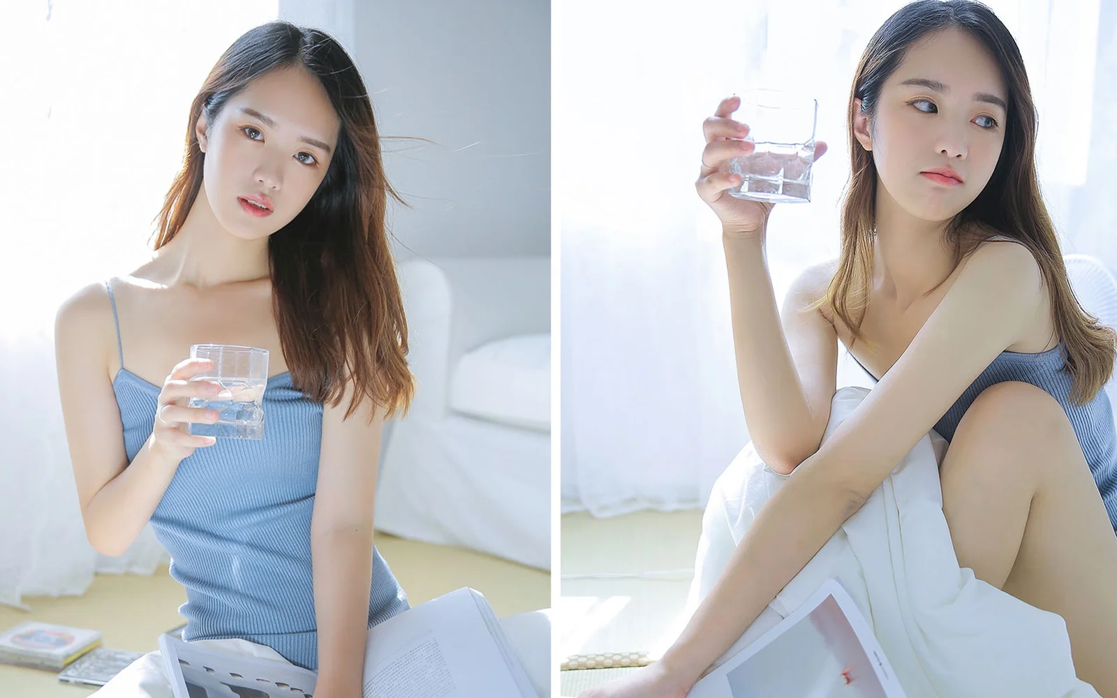一名成年女子在明亮的室内环境中手持玻璃杯摆姿势。