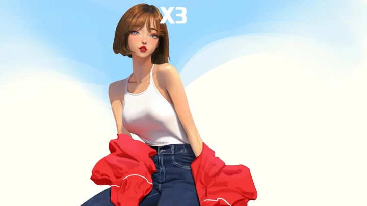 一名棕色短发的动漫风格成年女性穿着白色背心和蓝色牛仔裤，红色外套搭在手臂上。