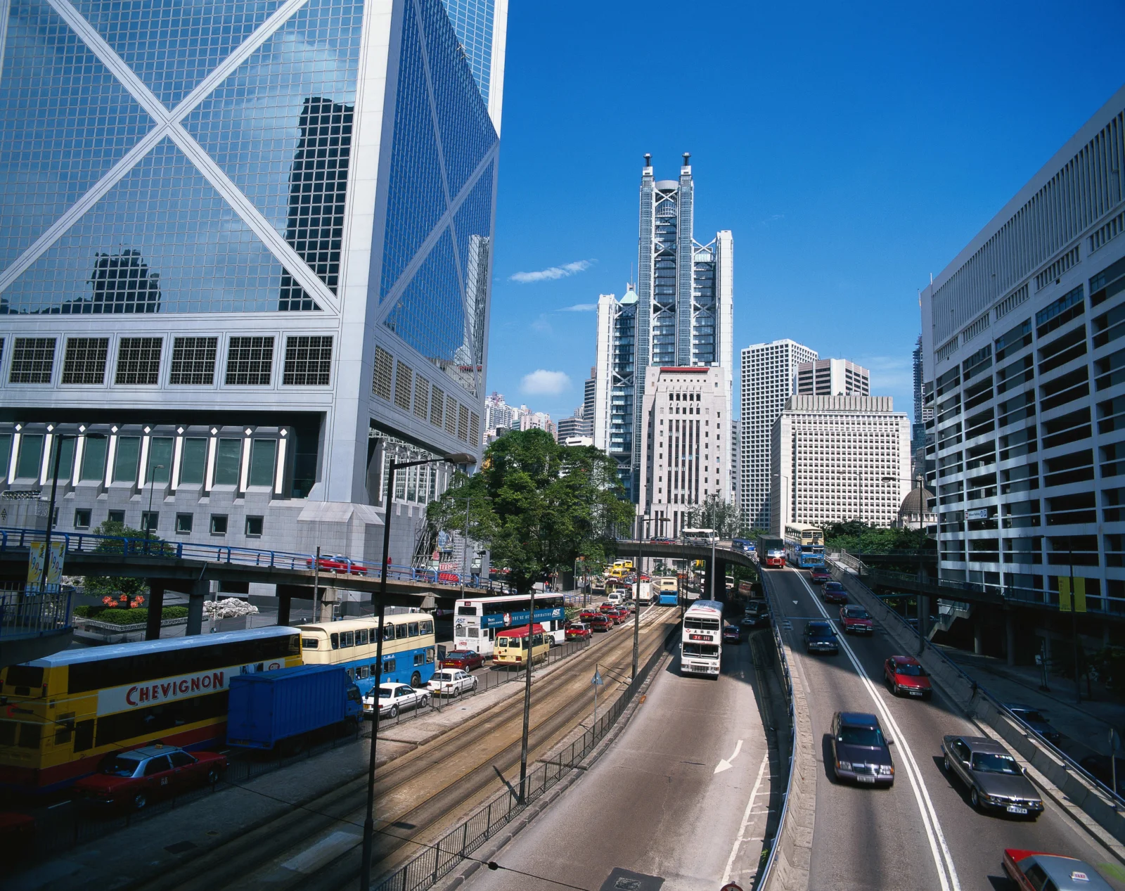 高楼林立的城市街道上车流与巴士穿行在晴朗蓝天下。