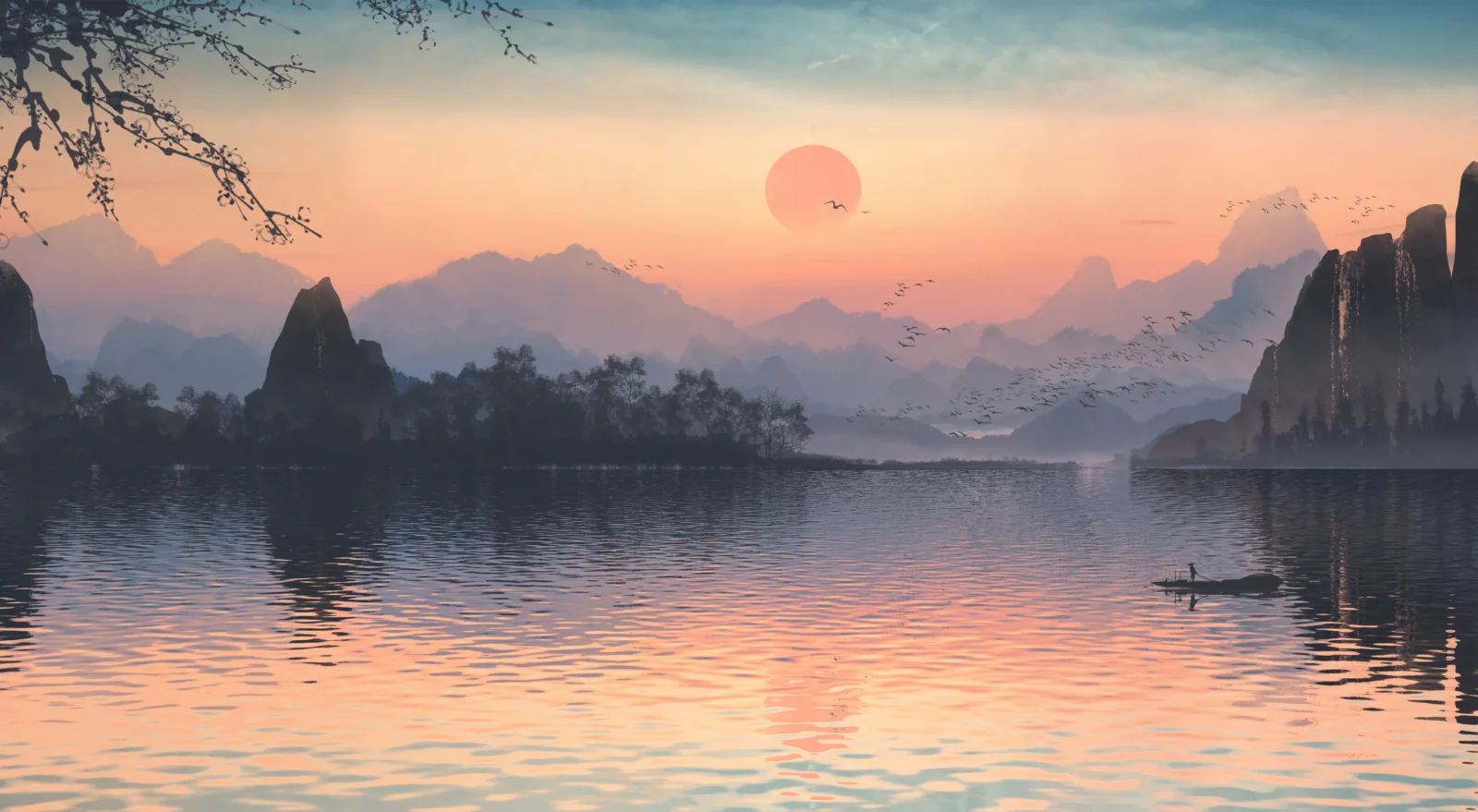 粉橙色夕阳映照着群山、湖泊与远处的渔船，构成宁静的手绘风景画面。