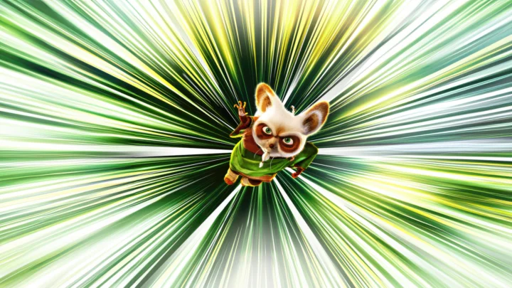 一只穿着绿色服装的卡通猫咪位于画面中央，周围是绿色和白色的放射状线条。
