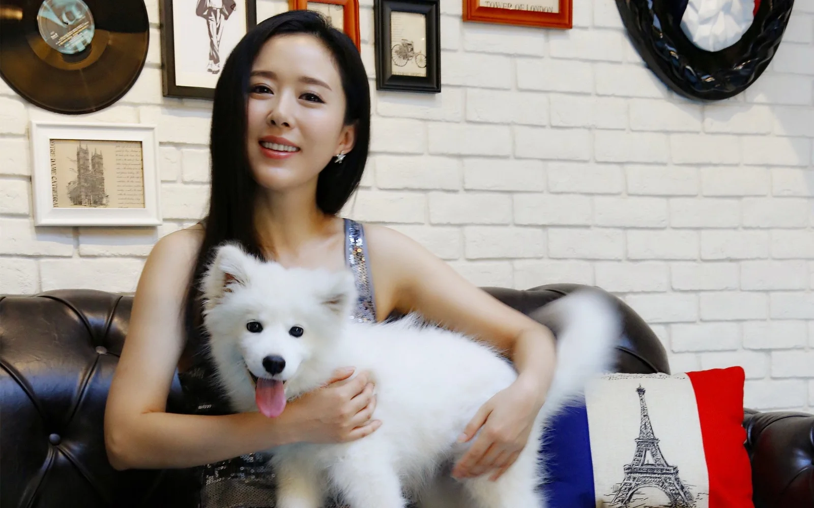 成人の女性が白い犬を抱いて室内のソファに座っています。