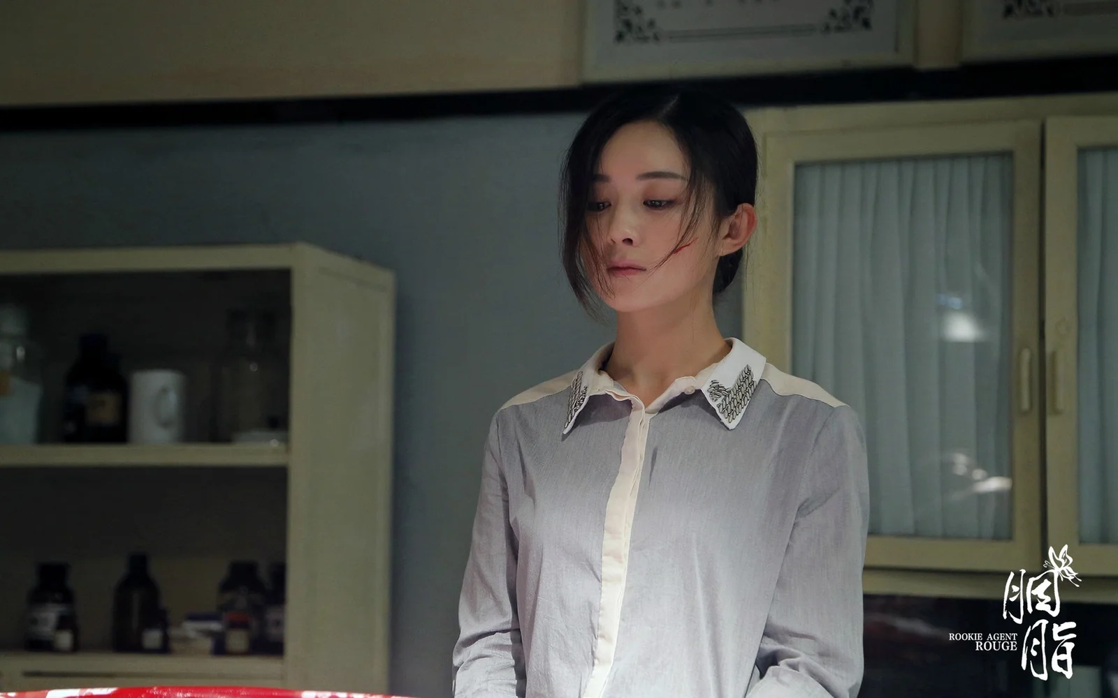 一名穿白衬衫的女性站在室内，背景可见柜子、瓶罐和窗户。