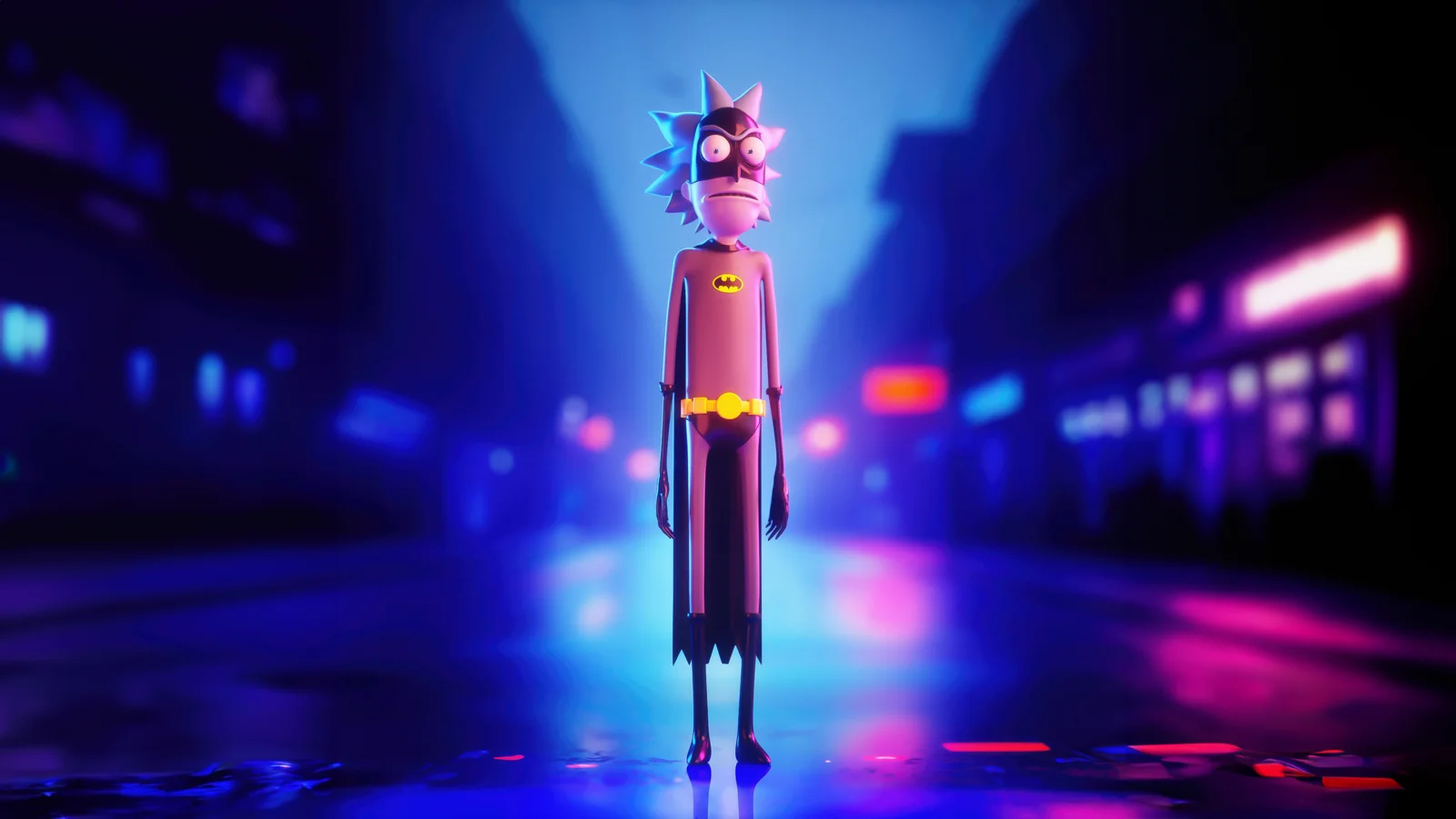 青と紫のネオンに照らされた街路の中央に、細身のSF風カートゥーンキャラクターが立っている。