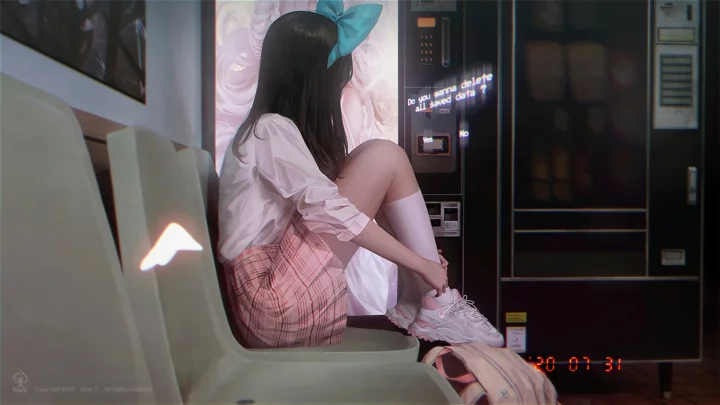 一名戴着蓝色蝴蝶结的女子坐在地铁车厢内。