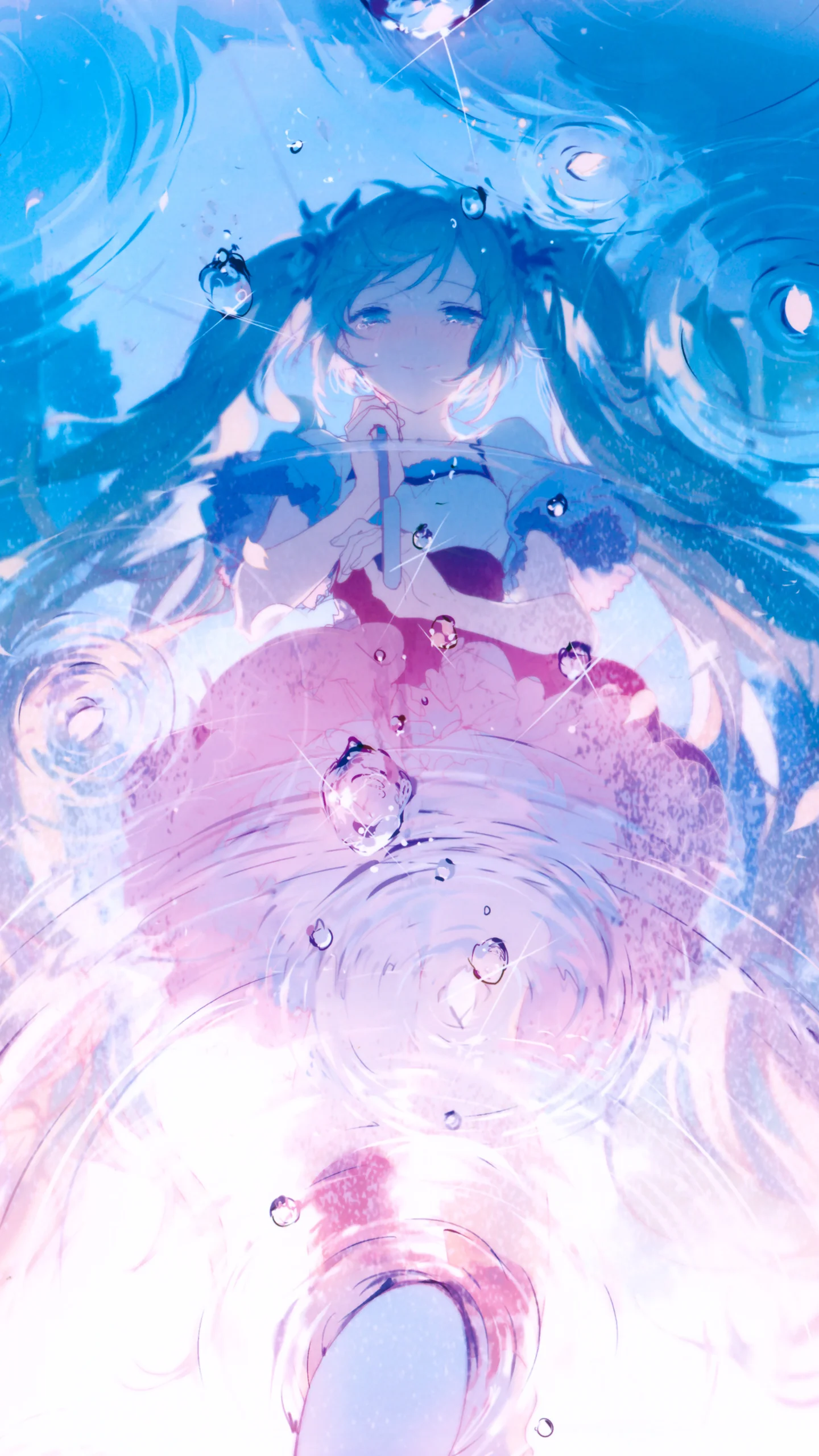 青とピンクを基調としたアニメの少女が、水の波紋や気泡、柔らかな光に包まれています。