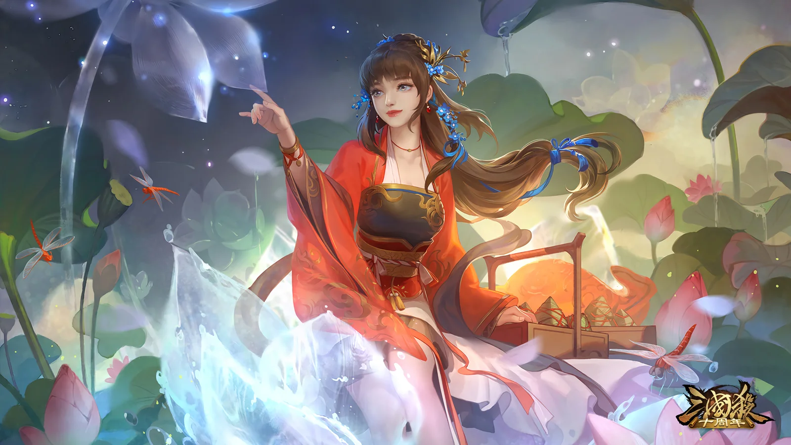 一名身穿红色古风服饰的动漫女子坐在荷花与莲叶环绕的梦幻水景中。