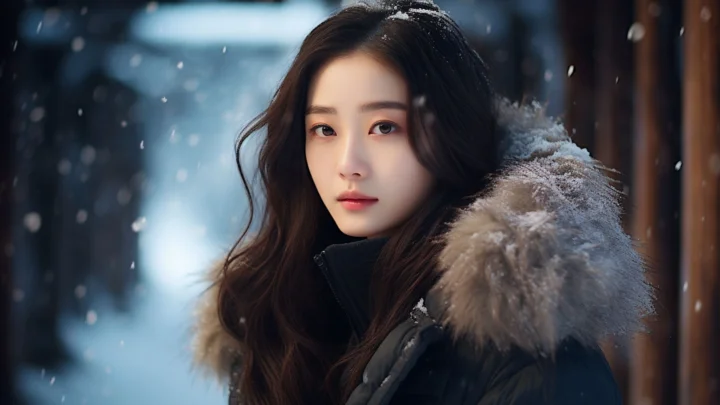 一位长发女性身穿带毛领的深色冬衣站在飘雪的户外。