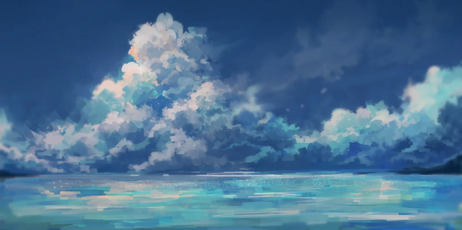 畫面展現了藍色海面與層疊雲朵交會的寧靜海天景象。