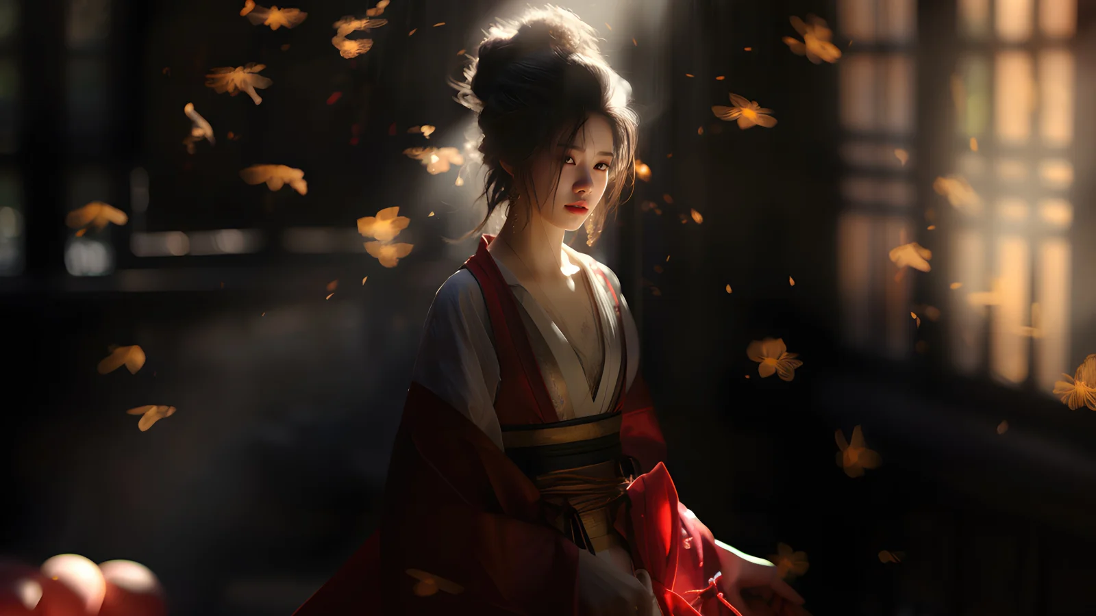一名身穿红黑色服装的女子站在昏暗室内，暖光从窗边照入，周围飘着蝴蝶。