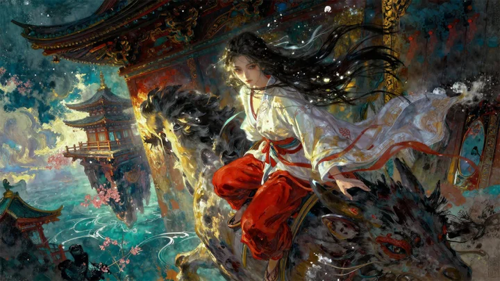 一名身穿白衣红裙的女子骑在黑色幻想生物上，背景是华丽的东方建筑与山水景色。