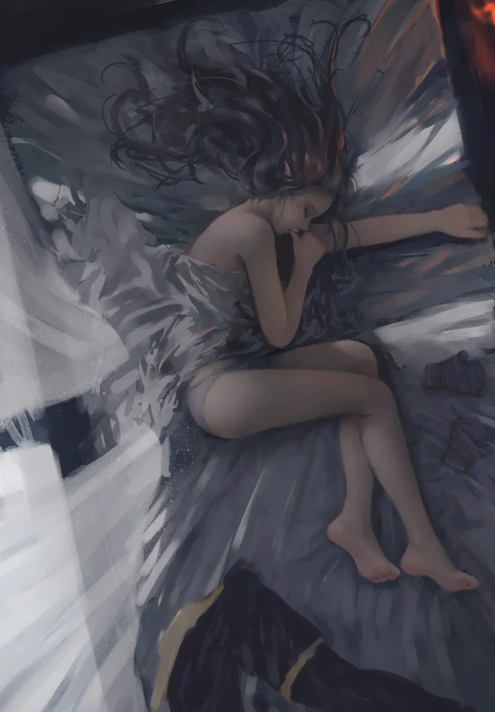 一幅风格化插画描绘一名深色头发的女子蜷卧在床上，周围环绕着灰蓝色的飘动织物。