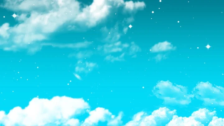 画面呈现明亮的蓝色天空、蓬松的白云和散落的星点光芒。