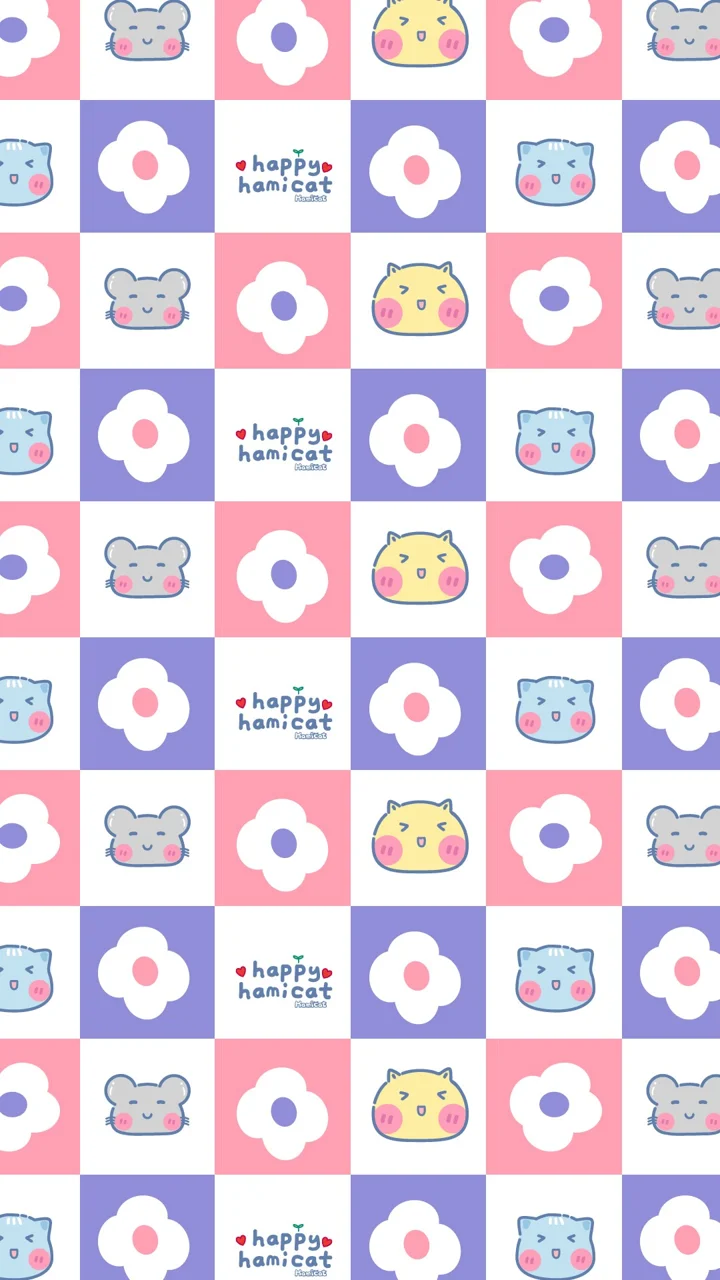 画面由粉彩色背景、卡通猫咪、仓鼠、花朵和“happy hamicat”字样组成重复图案。