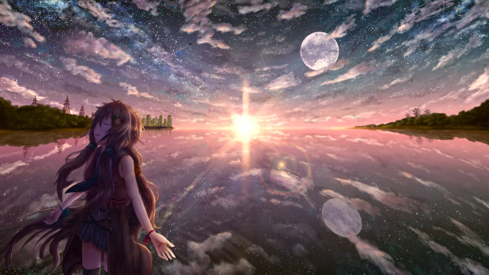 アニメ風の長髪の少女が、夕日と星空と月を映す水辺に立っている。