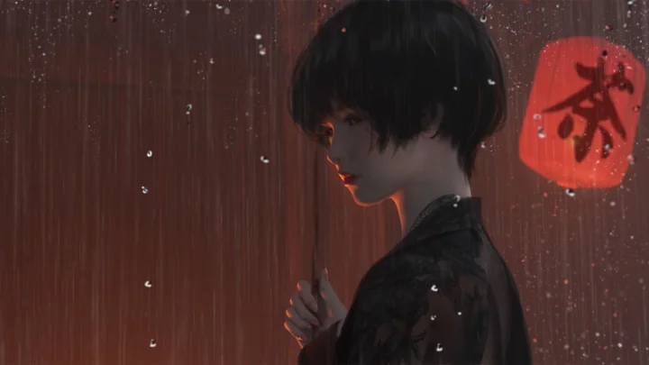 一名动漫风格的人物站在雨幕前，背景中有红色灯笼。