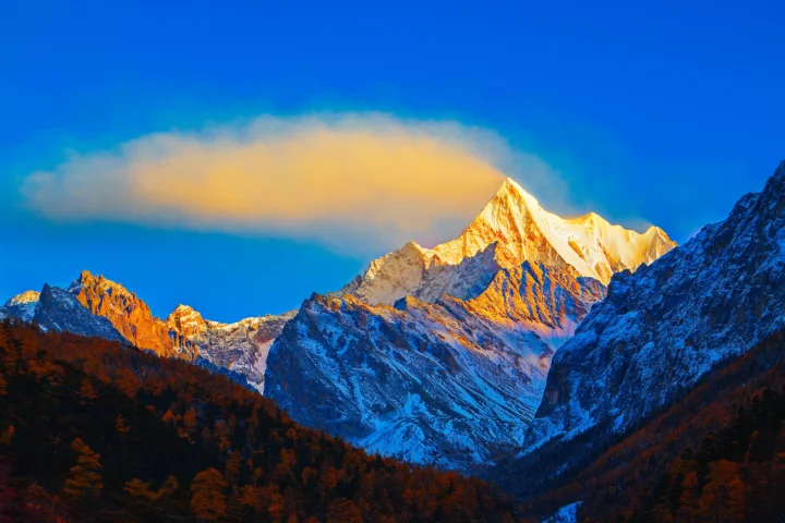 金色夕照映照着雄伟的雪山，前景是深色森林，天空飘着一片云。