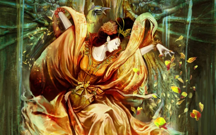 一幅色彩浓郁的幻想人物插画，画中人物身着飘逸的金色长袍，周围环绕着枝叶与花朵。