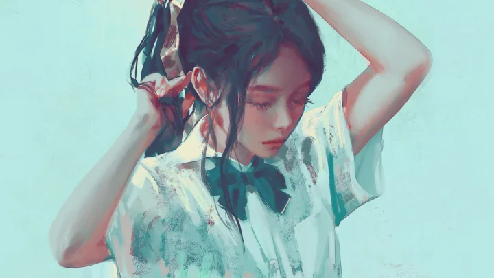 画面呈现一位深色头发的女性插画人物，双手抬起整理头发，背景为浅青色。
