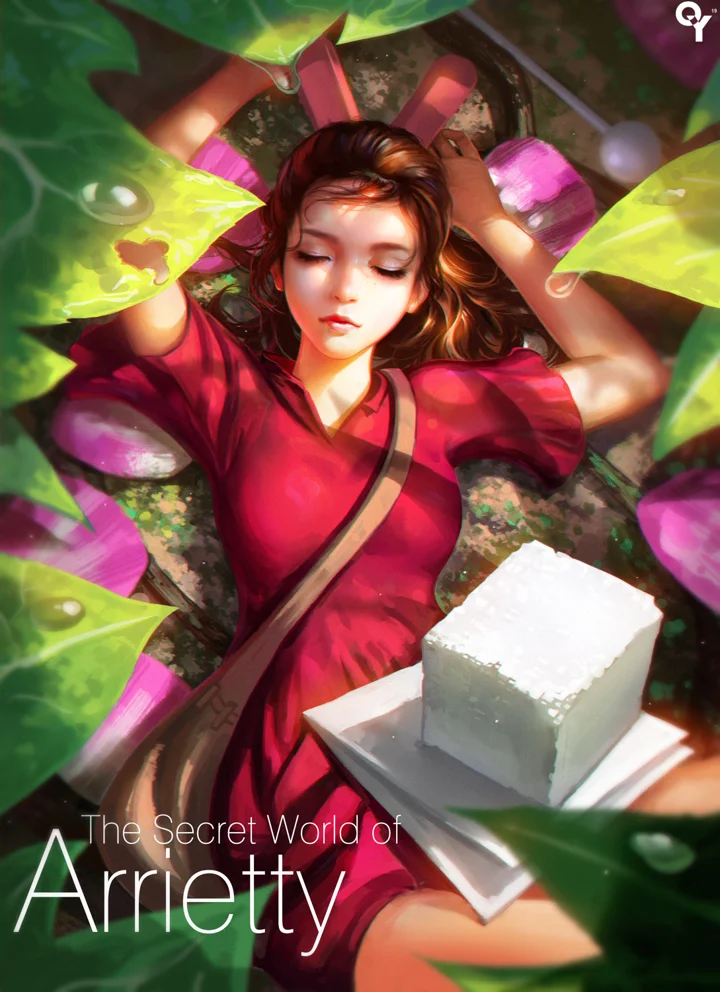 一名身穿红色服装的动漫人物躺在绿叶与粉色花朵之间，旁边放着白色方块物体。