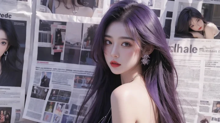 一名紫色长发女子站在铺满报纸的背景前。