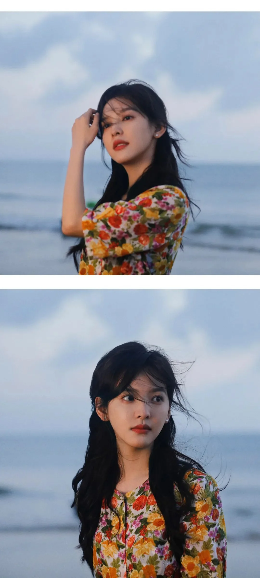꽃무늬 원피스를 입은 여성이 푸른 바다와 하늘을 배경으로 해변에 서 있습니다.