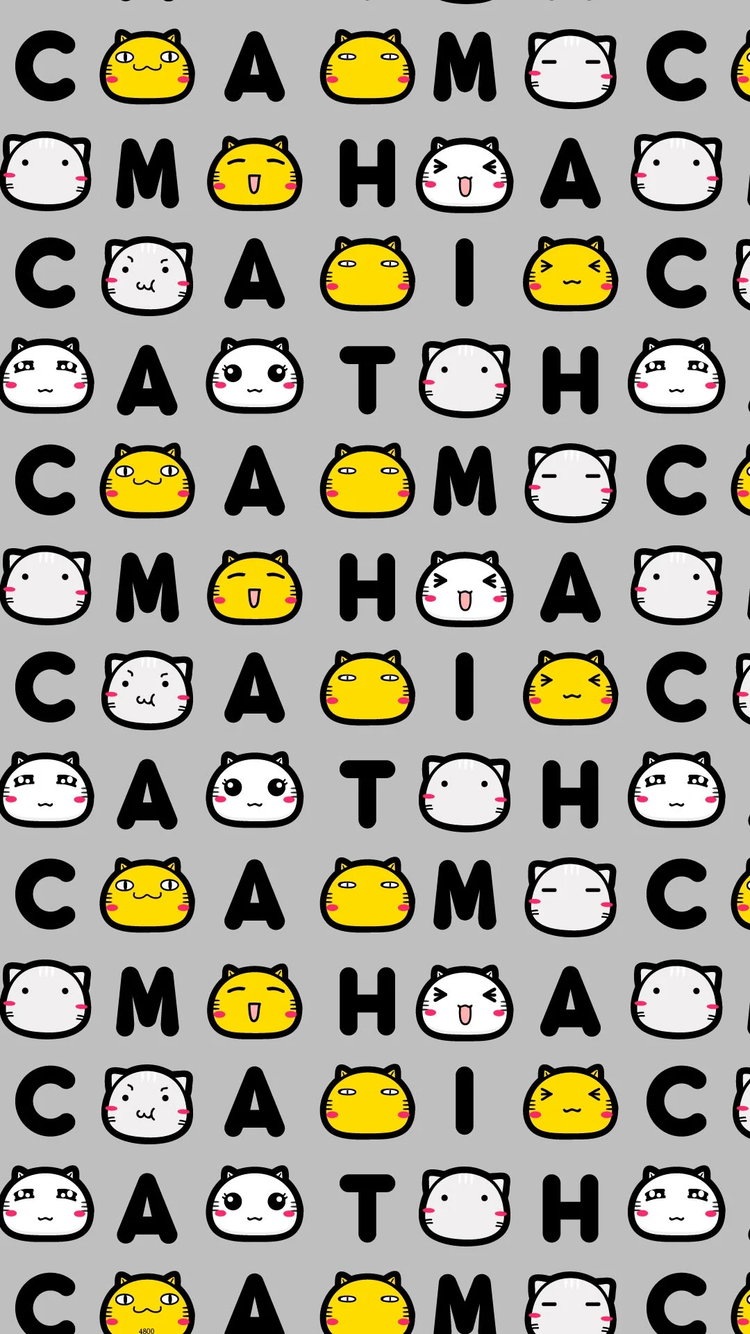 灰色背景上重复排列着彩色卡通猫咪和黑色字母的图案。
