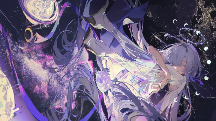 紫色幻想风格的动漫女性角色置身于星月交织的绚丽画面中。