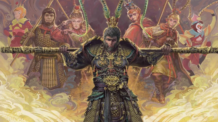 画面展示了一名身穿华丽铠甲、手持长棍的中央战士，身后环绕着多名幻想风格角色。