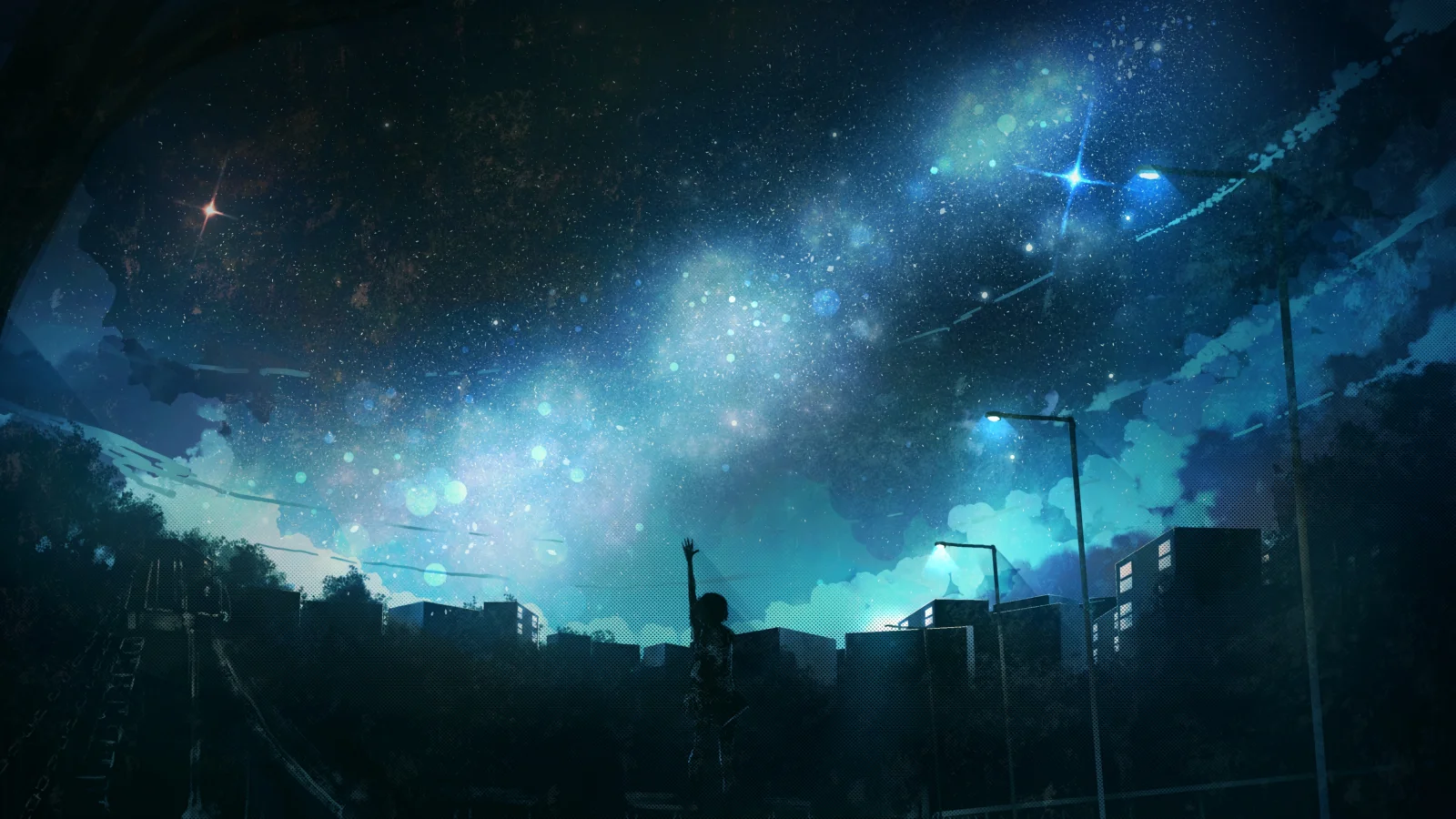 插畫風格的城市剪影坐落在璀璨星空與藍色星雲下方。