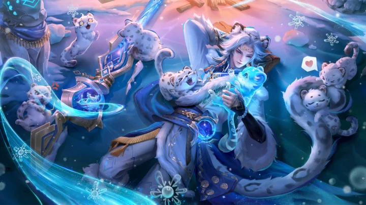 画面展示一名蓝白色调的奇幻动漫角色与多只猫咪共处于流光环绕的梦幻场景中。