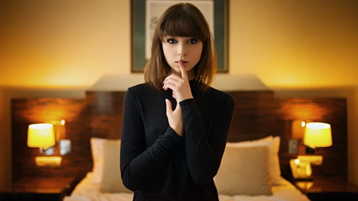 一名成年女性身穿黑色长袖上衣站在温暖灯光下的卧室中，手指轻触嘴唇。