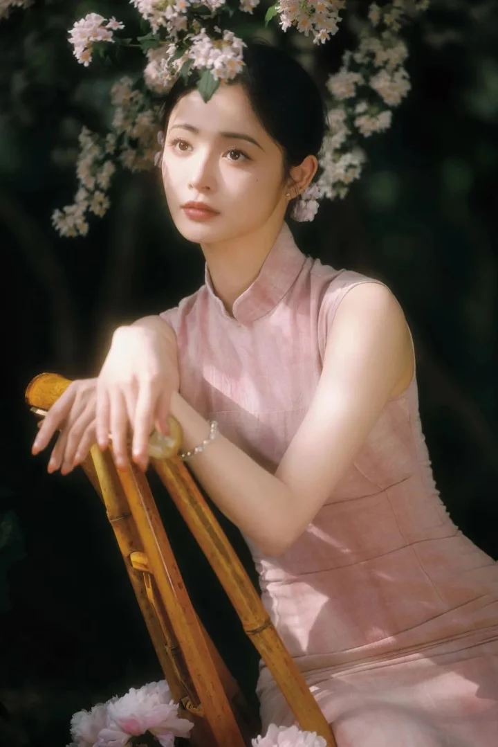 淡い花々に囲まれた暗い背景の中で、ピンクのノースリーブドレスを着た女性が竹の椅子のそばに座っています。