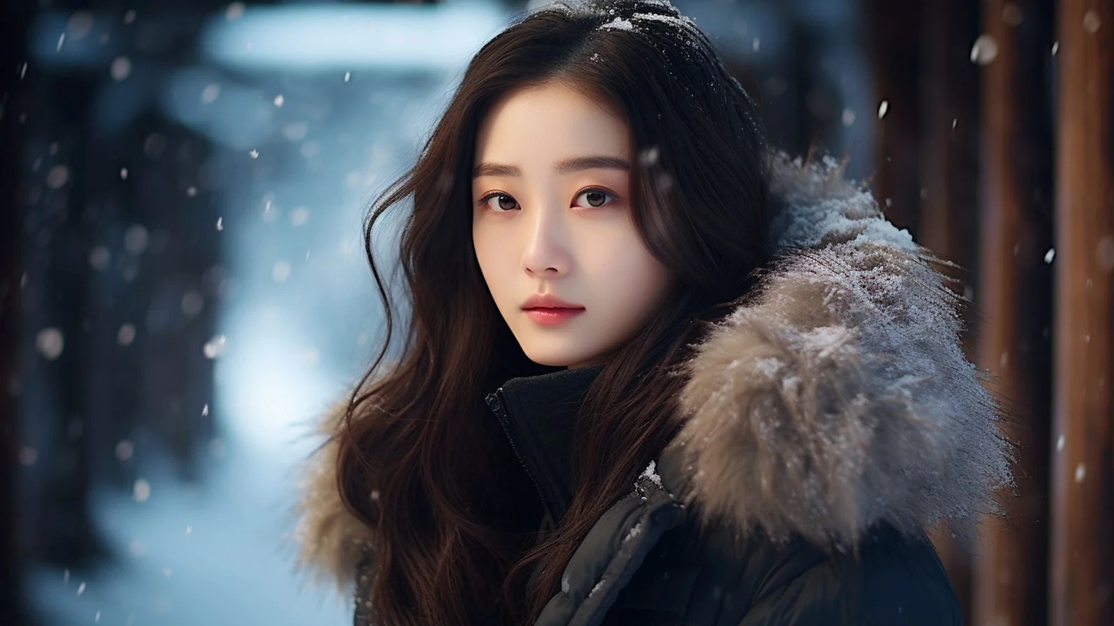 一位长发女性身穿带毛领的深色冬衣站在飘雪的户外。