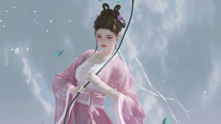 연한 파란색 배경 앞에 분홍색 전통 의상을 입은 애니메이션풍 여성이 리본과 꽃잎 사이에 서 있다.