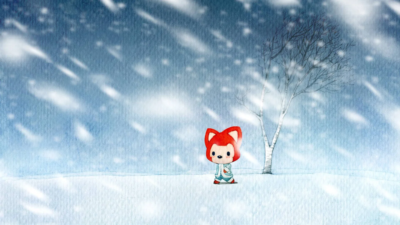一只红色狐狸角色站在飘雪覆盖的雪地上，旁边有一棵光秃的树。