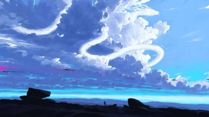 蓝色天空中翻涌着明亮云层，下方是深色礁石海岸与远方地平线。