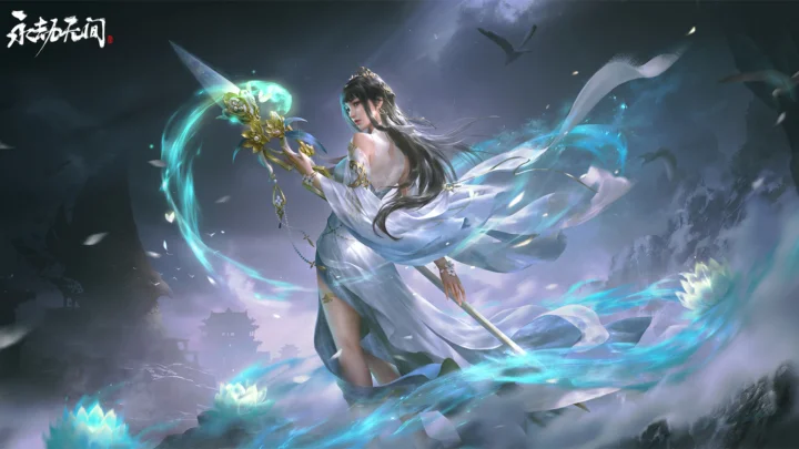一名身穿白色飘逸长裙的动漫女子手持发光法杖，立于莲花与流动水光之间。