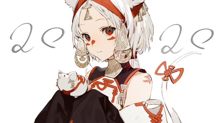 白髪で猫耳のアニメキャラクターが赤と白の衣装を着ており、白い背景に灰色の手描き線が描かれています。