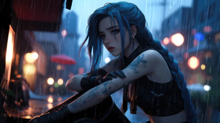 一名蓝发动漫风格女性在夜雨中倚靠着，身后是朦胧的城市灯光。