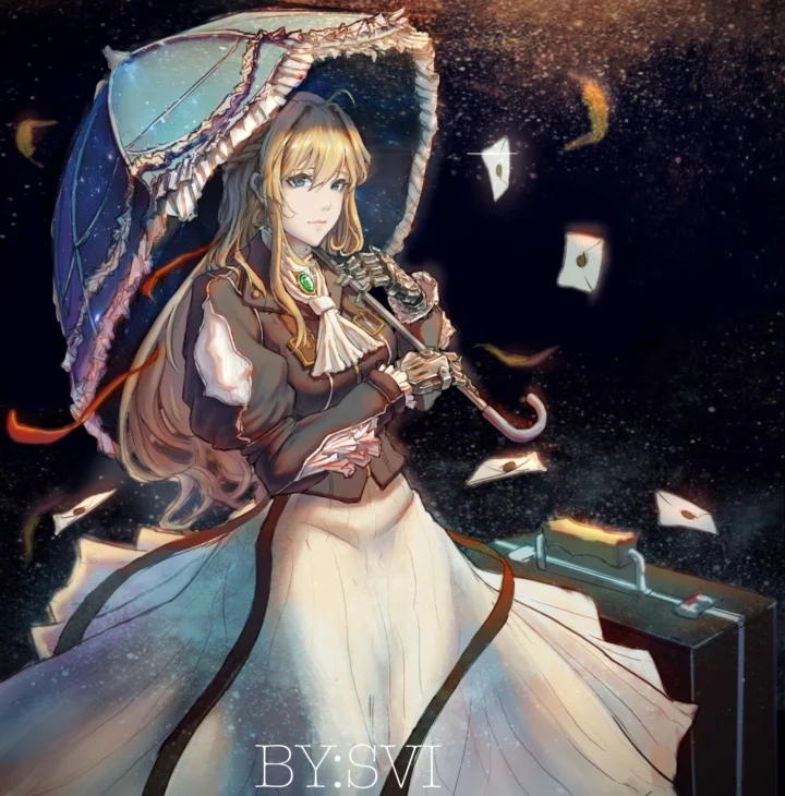 一位金发动漫女性撑着透明雨伞站在行李箱旁，深色星空背景中飘着纸张。