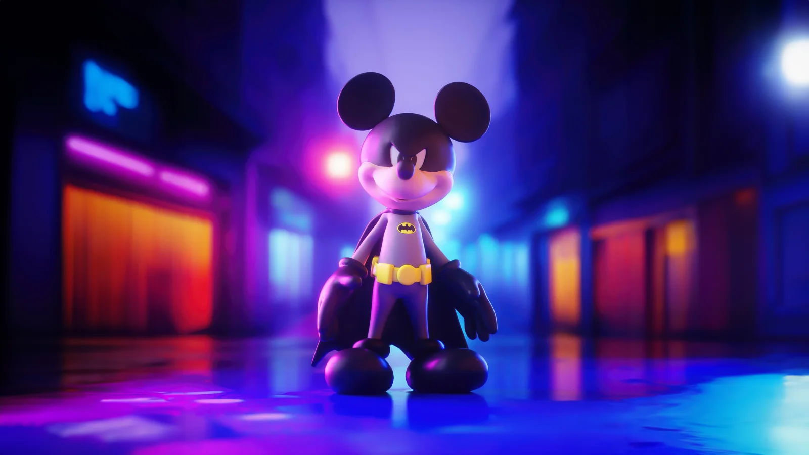 スーパーヒーローの衣装を着たアニメ風のネズミが、ネオンに照らされた都市の通路に立っています。