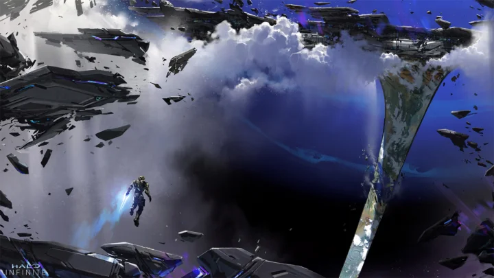 画面展现漂浮在深空中的巨大飞船、蓝色星球和云雾状宇宙背景。