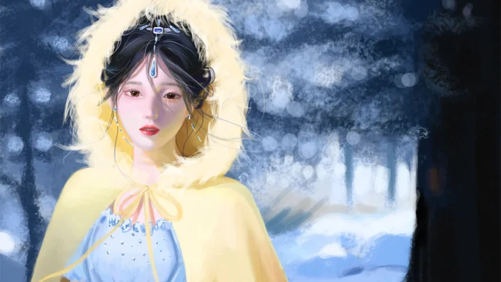 一名身穿浅色衣物并披着黄色披肩的动漫风格女子站在雪林前。
